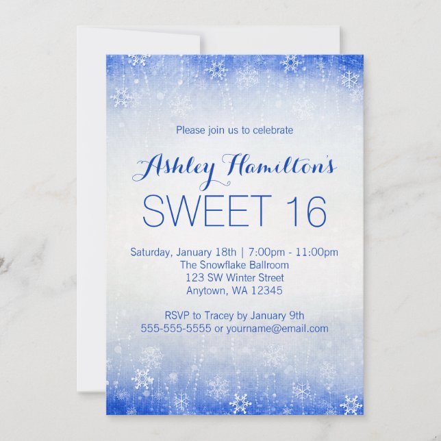 Sweet 16 Vintage Blue Winter Wonderland Invitation (Front)