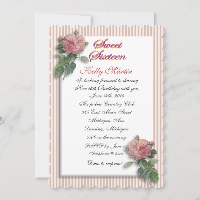 Sweet 16 vintage pink roses invitation (Front)