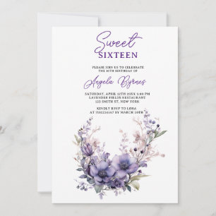 Sweet 16 Vintage Purple Floral Wreath Birthday Invitation