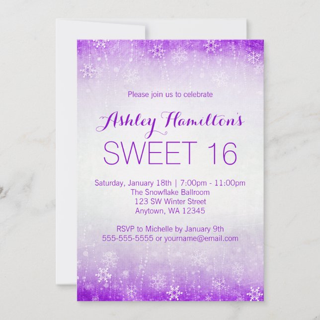 Sweet 16 Vintage Purple Winter Wonderland Invitation (Front)