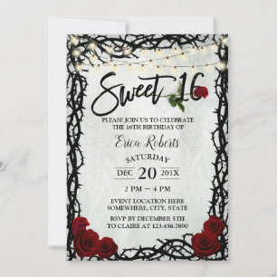 Sweet 16 Vintage Red Rose Flowers Thorn Frame Invitation