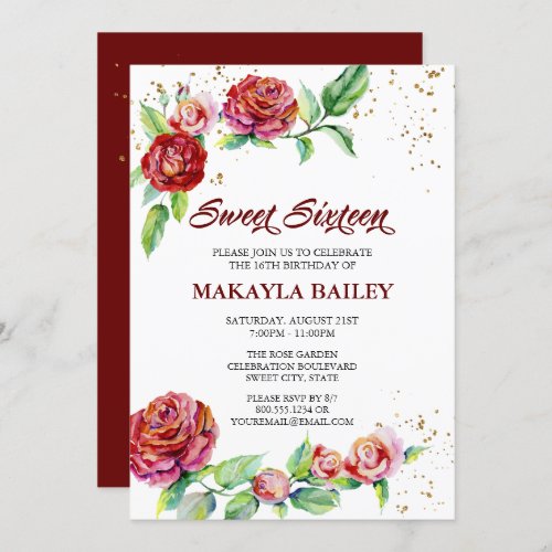 Sweet 16 Vintage Red Roses Gold Confetti Floral Invitation