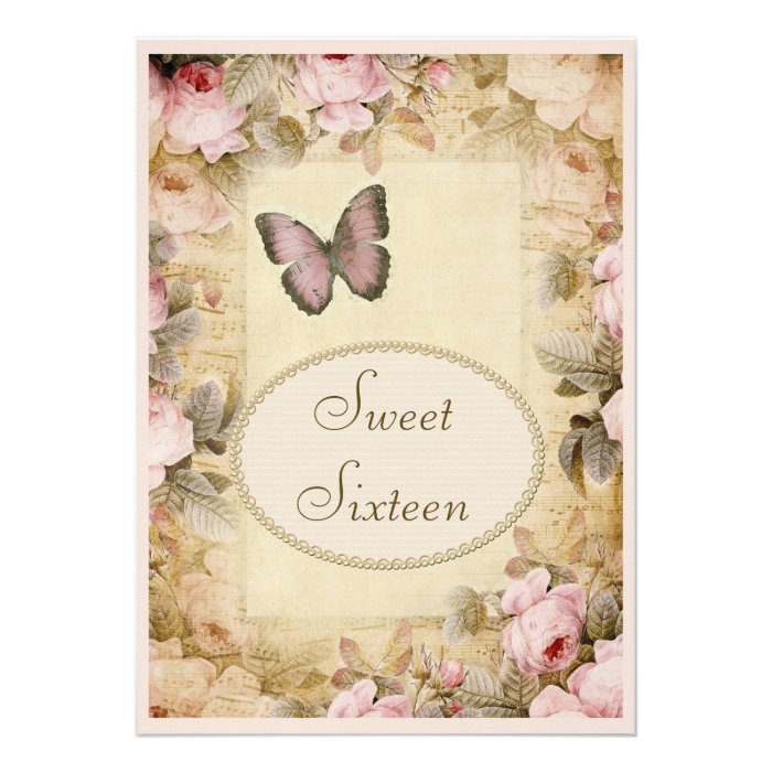 Sweet 16 Vintage Roses Butterfly & Music Notes Invitations
