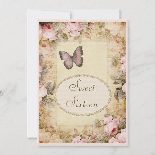 Sweet 16 Vintage Roses Butterfly  Music Notes Invitation