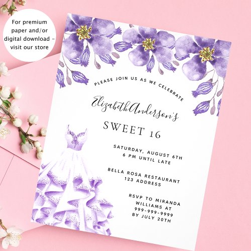 Sweet 16 violet dress floral budget invitation flyer