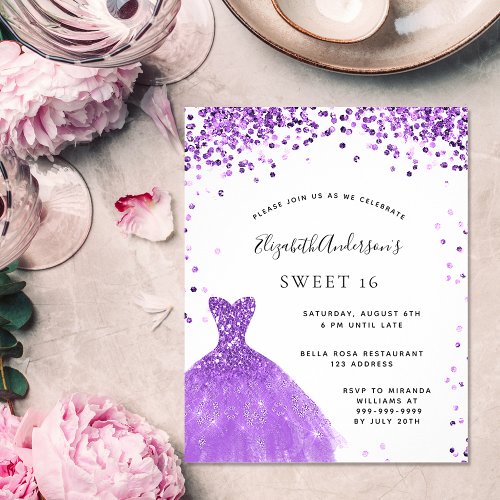 Sweet 16 violet dress glitter budget invitation