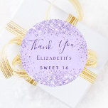 Sweet 16 violet glitter name thank you  classic round sticker<br><div class="desc">A violet,  lavender colored background decorated with faux glitter,  sparkles.  Personalize and add a name and age.</div>