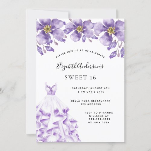 Sweet 16 violet white dress floral elegant invitation