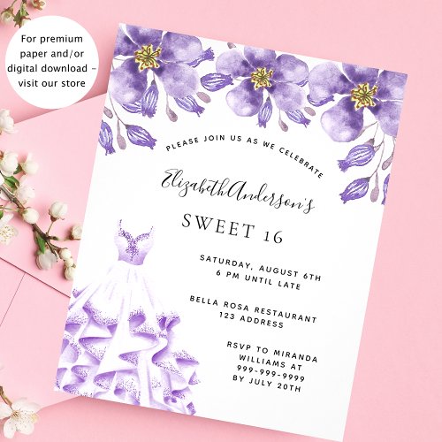 Sweet 16 violet white dress floral invitation postcard