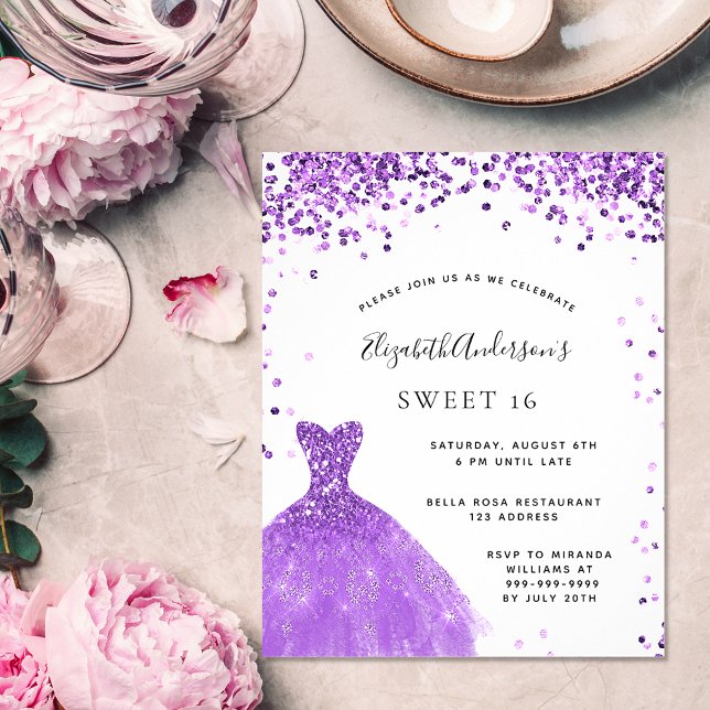 Sweet 16 violet white dress glitter budget flyer (Creator Uploaded)