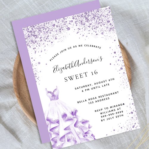 Sweet 16 violet white dress glitter glam invitation