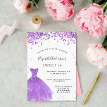 Sweet 16 violet white dress glitter luxury invitation<br><div class="desc">A modern,  stylish and glamorous invitation for a Sweet 16,  16th birthday party. On the front: A white background with violet,  lilac sparkles,  a violet dress. The name is written with a modern hand lettered style script.  Personalize and add your party details.</div>