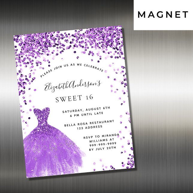 Sweet 16 violet white dress glitter luxury magnetic invitation (Creator Uploaded)