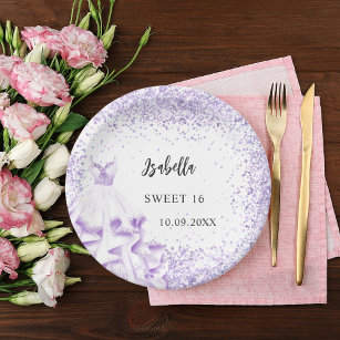 Sweet 16 violet white dress paper plates