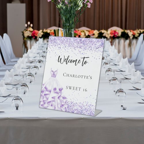 Sweet 16 violet white dress welcome party pedestal sign