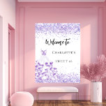 Sweet 16 violet white dress welcome party poster<br><div class="desc">A welcome poster for a Sweet 16,  16th birthday party.  A white background decorated with violet sparkles,  confetti and a white and violet dress.  Personalize and add a name.</div>
