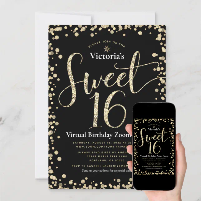 Sweet 16 Virtual Girly Black Gold Glitter Birthday Invitation | Zazzle