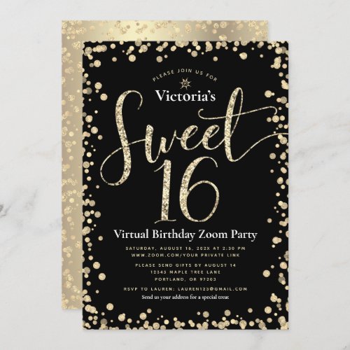 Sweet 16 Virtual Girly Gold Black Glitter Birthday Invitation