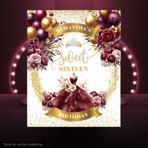 Sweet 16 Watercolor Backdrop Burgundy Flowers Gold