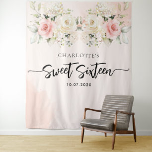 Sweet 16 Watercolor Floral Birthday Tapestry