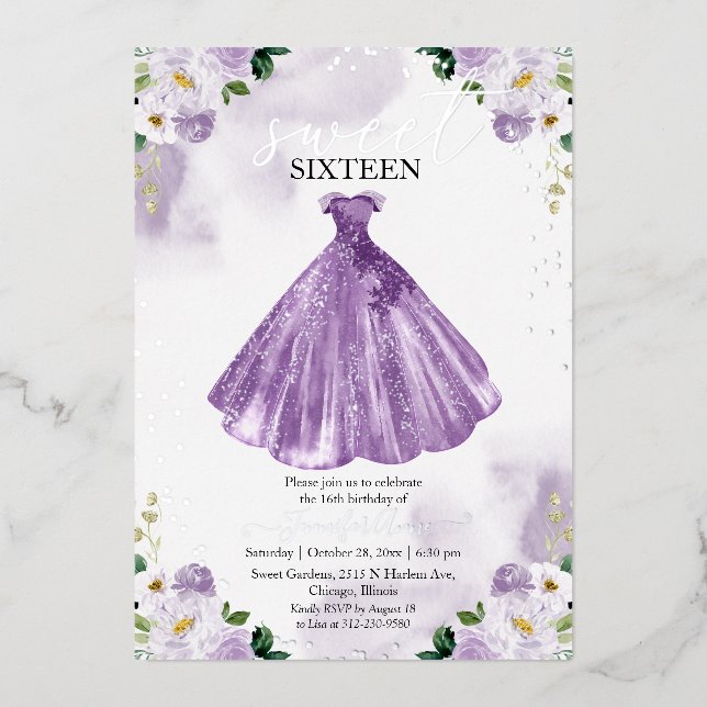 Sweet 16 Watercolor Flowers Dress Purple Silver Foil Invitation (Front)