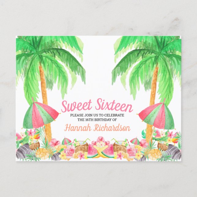 Sweet 16 Watercolor Hawaiian Themed Birthday Invitation Postcard (Front)
