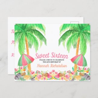 Sweet 16 Watercolor Hawaiian Themed Birthday Invitation Postcard