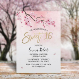 Sweet 16 Watercolor Pink Floral Cherry Blossom Invitation