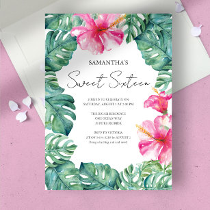 Sweet 16 Watercolor Pink Floral Tropical Invitation
