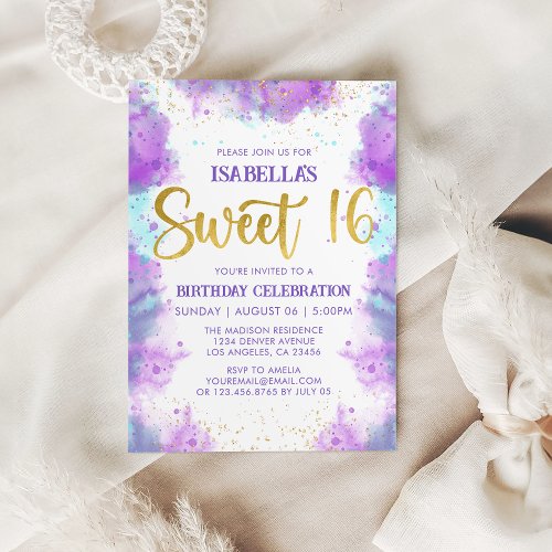 Sweet 16 Watercolor Purple Gold Invitation