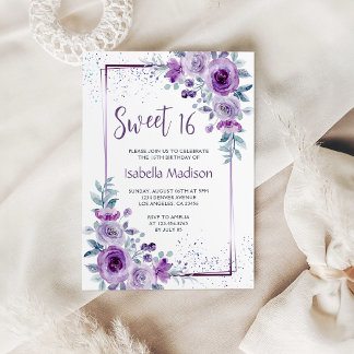 Sweet 16 Watercolor Rose Purple Frame Floral Invitation