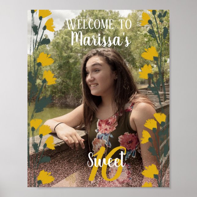 Sweet 16 Welcome Faux Pink Glitter Photo Garden Poster (Front)