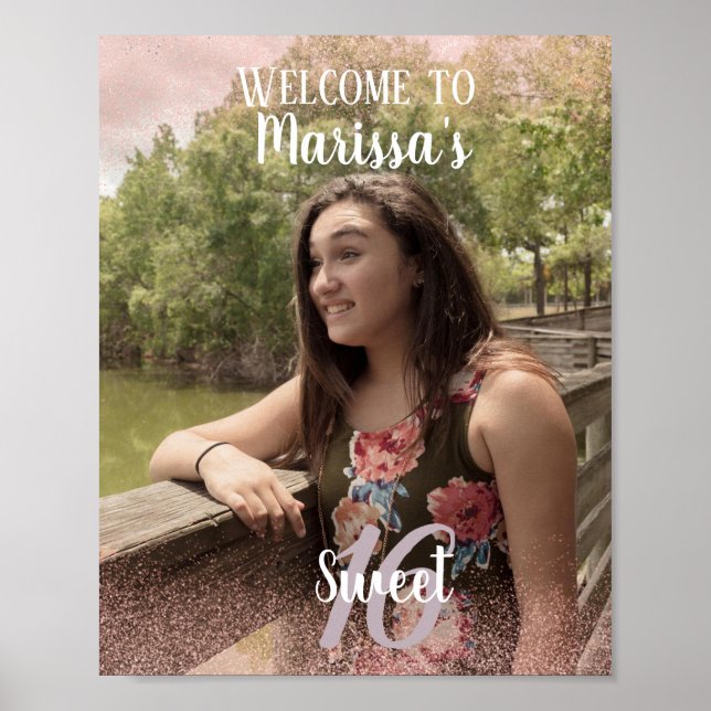 Sweet 16 Welcome Faux Pink Glitter Photo Poster (Front)