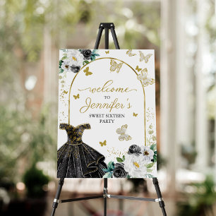 Sweet 16 Welcome Sign Black Butterfly Floral 