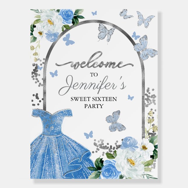 Sweet 16 Welcome Sign Blue Butterfly Floral (Front)