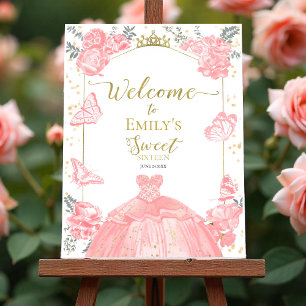Sweet 16 Welcome Sign Butterfly Pink Dress Floral