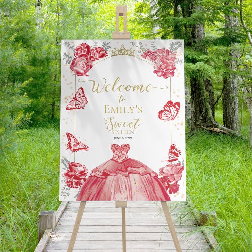 Sweet 16  Welcome Sign Butterfly Red Dress Floral