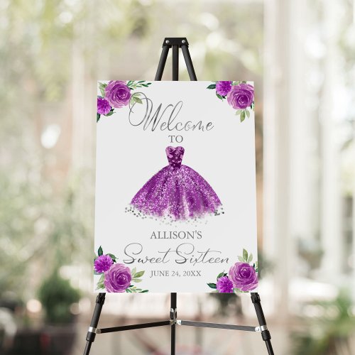 Sweet 16 Welcome Sign Floral Purple Blue Dress