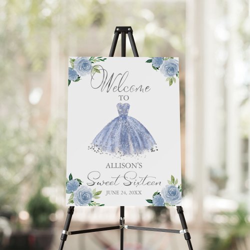 Sweet 16 Welcome Sign Floral Silver Blue Dress