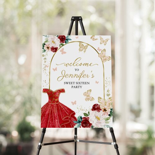 Sweet 16 Welcome Sign Red Butterfly Floral Dress
