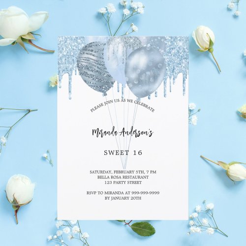 Sweet 16 white blue balloons glitter drips invitation postcard