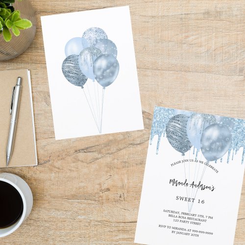 Sweet 16 white blue balloons glitter drips luxury invitation