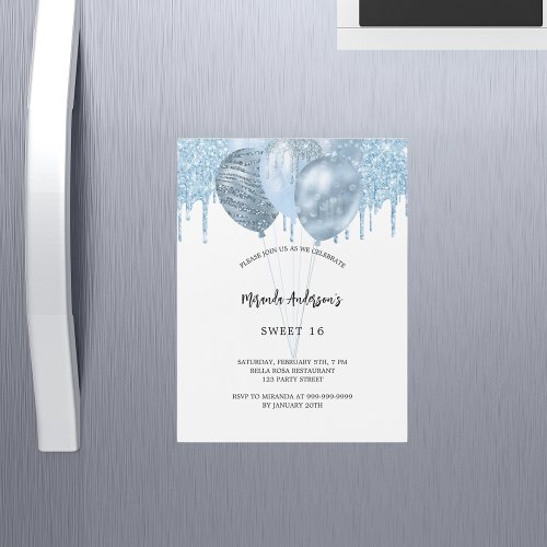 Sweet 16 white blue balloons glitter drips luxury magnetic invitation