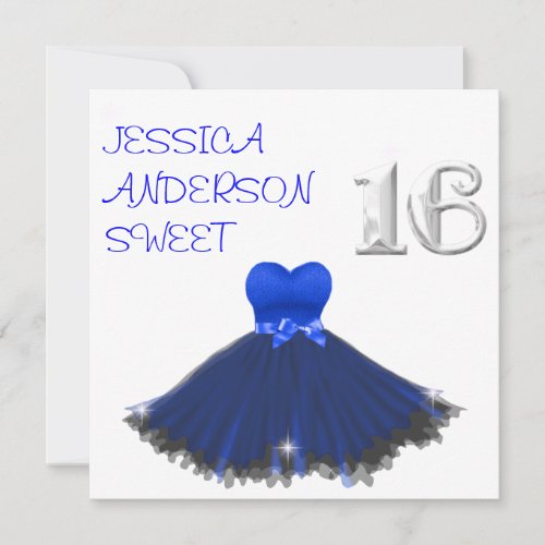 SWEET 16  White Blue Black Dress Sparkles Custom Announcements