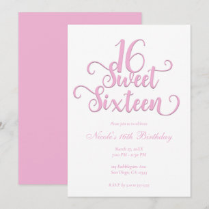 Sweet 16 White & Bubblegum Pink Type Birthday  Invitation