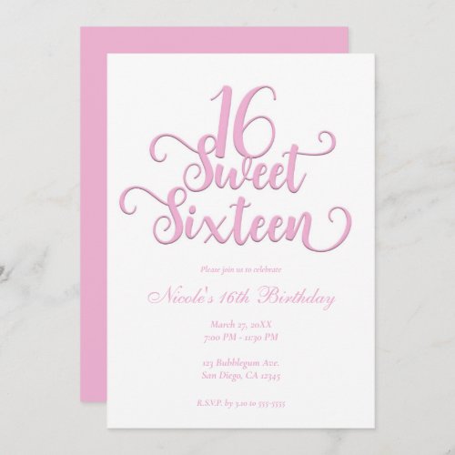 Sweet 16 White  Bubblegum Pink Type Birthday  Invitation