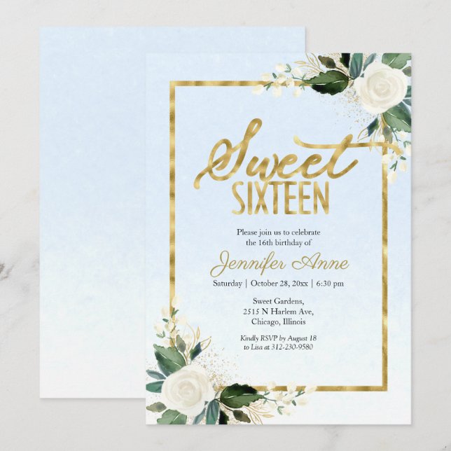 Sweet 16 White Floral On Dusty Blue  Invitation (Front/Back)