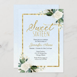 Sweet 16 White Floral On Dusty Blue Invitation
