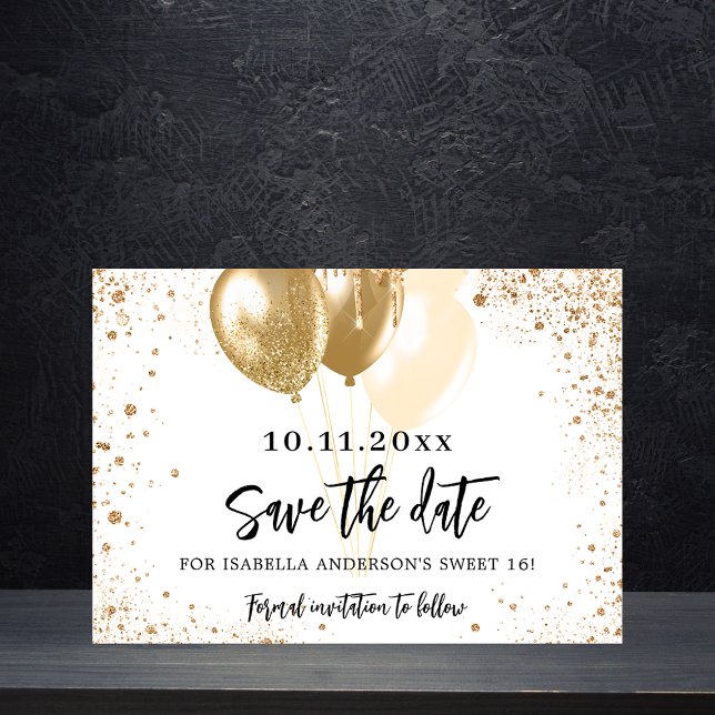 Sweet 16 white gold balloons glitter save the date announcement postcard (Creator Uploaded)