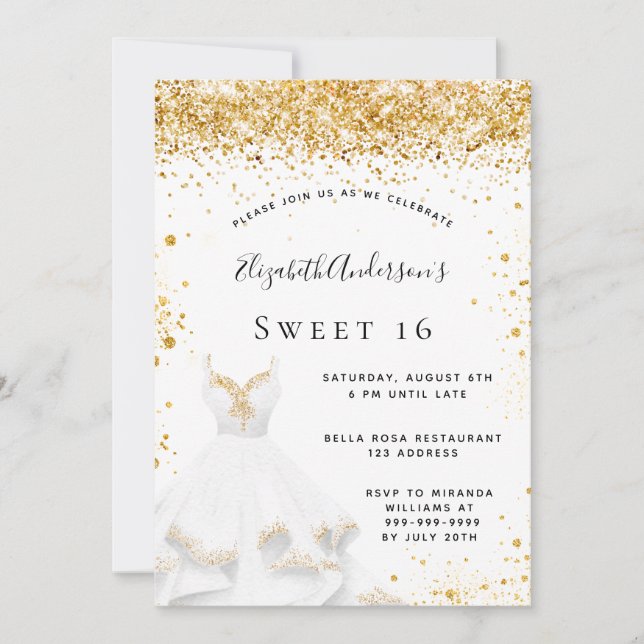 Sweet 16 white gold dress glitter invitation (Front)
